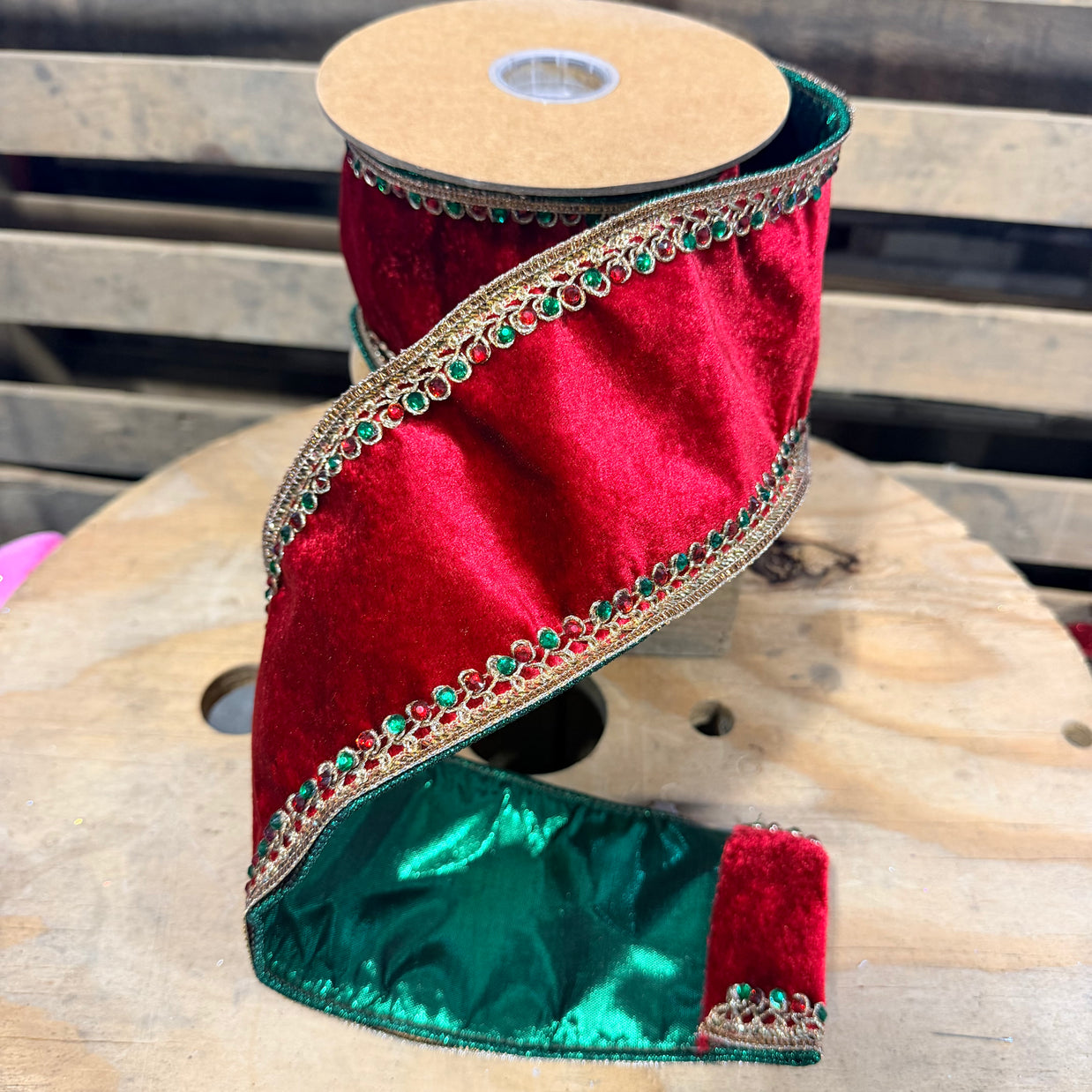 4" X 5YD Premium Velvet Ribbon | Jeweled Trim Red wired Ribbon - 7052W-250- 100C