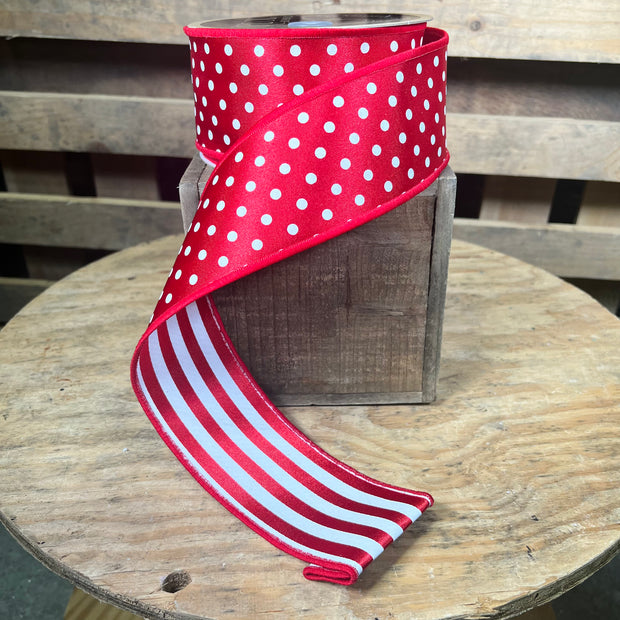 2.5”x 10yd red dot and stripe double sided Wired Ribbon - LX305924