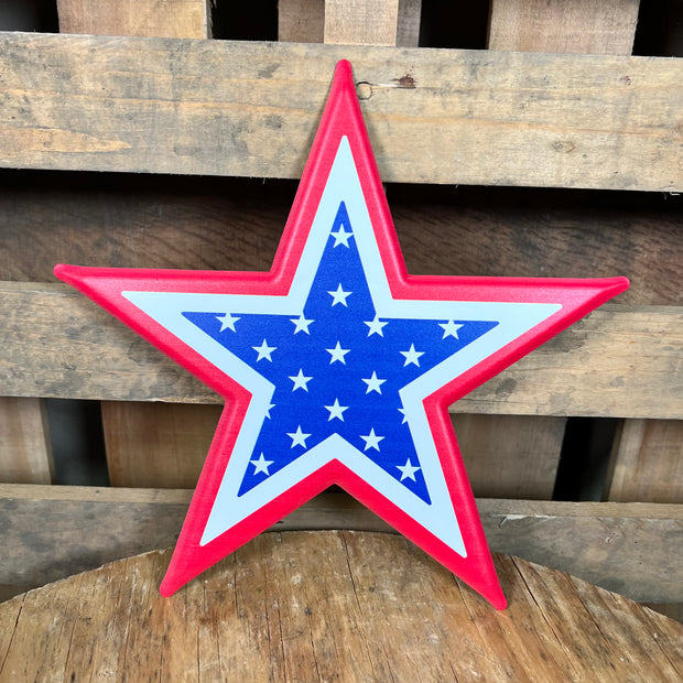 10"L X 9.5"H METAL/EMBOSSED STAR - RED/WHITE/BLUE, LAYER - MD1536E7