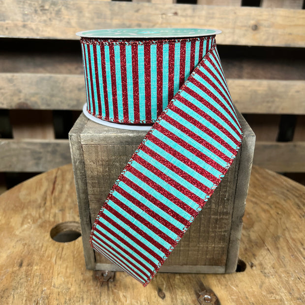 2.5 "X10YD mint and red glitter stripe  Wired Ribbon - RG01689AN