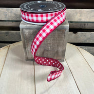 1” by 10y red check and polka dot double sided Wired Ribbon - Nancy Brown Home - 26-2589A