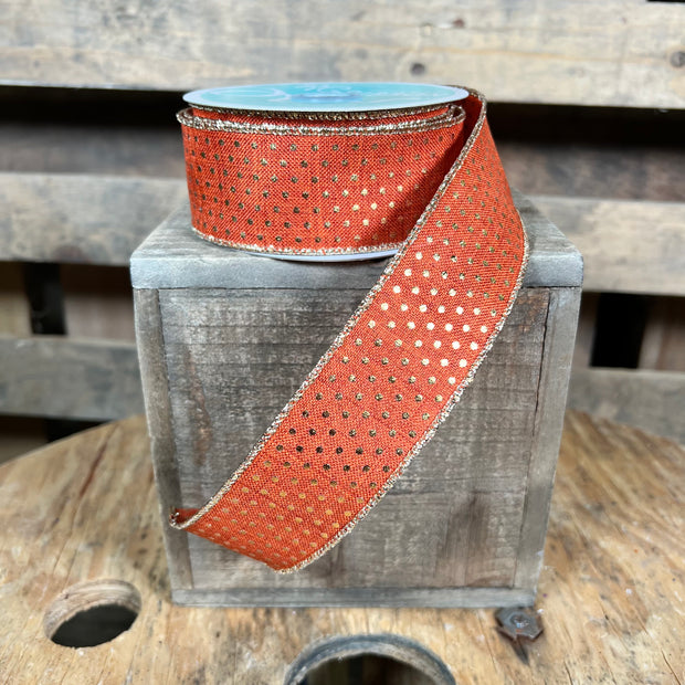 1.5"X10YD rust and gold Swiss dot Wired Ribbon - RG01900758
