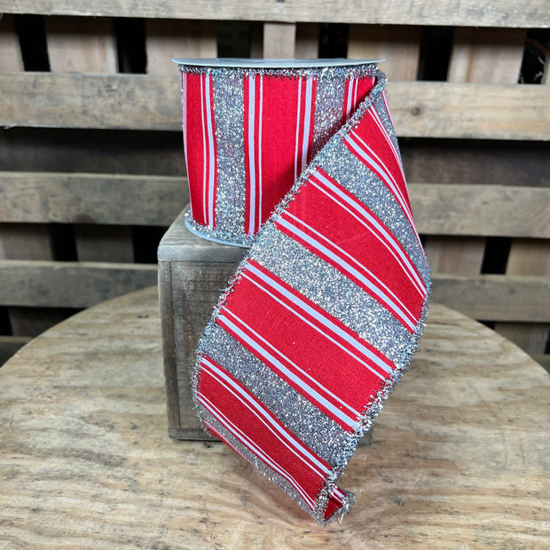 4 "X10YD glitter red and silver stripe with tinsel Edge Wired Ribbon - RGA8275E2