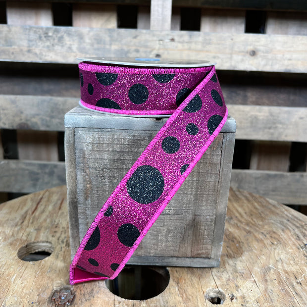 1.5” x 10yd pink and black glitter dot designer ribbon - LX323511