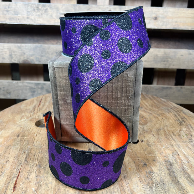 2.5” x 10yd Black and purple glitter dot double sided d’lux ribbon - LX323602