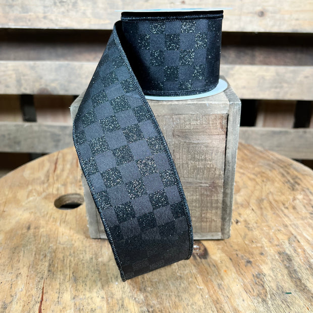 2.5 ” x 10yd  black glitter check Wired Ribbon - RGH106002