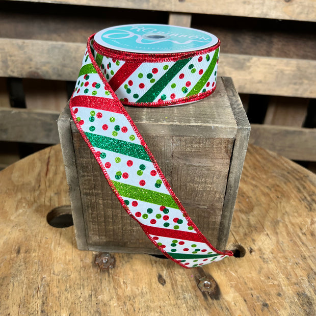 1.5 ” x 10yd Christmas glitter stripe and dot Wired Ribbon - RGF199256