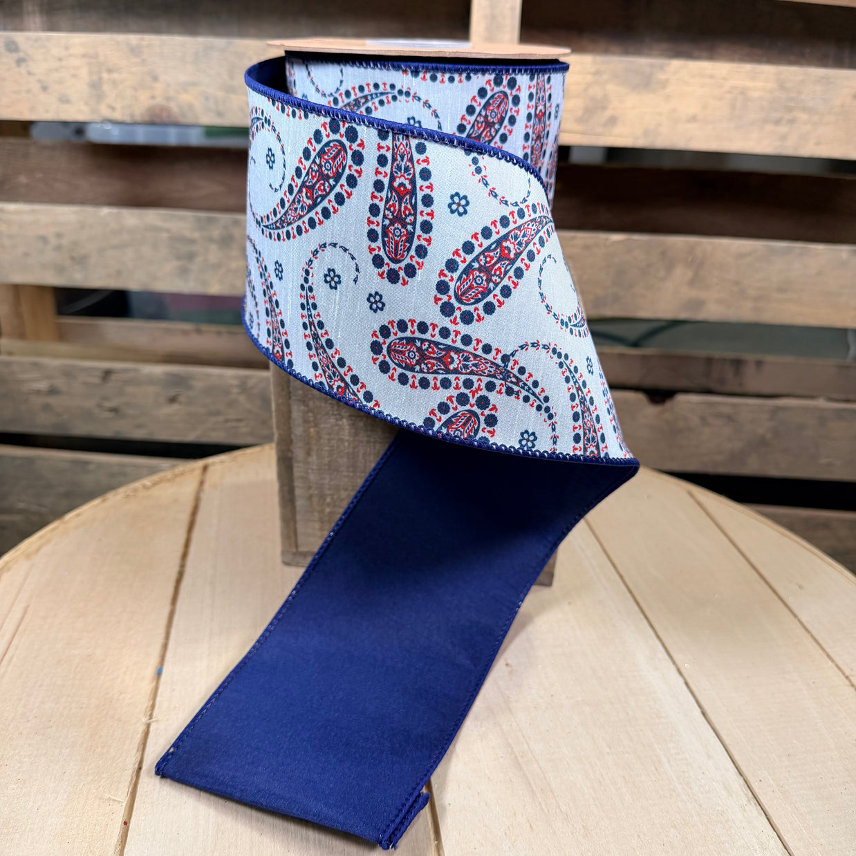 4" X 10YD Blue Paisley on White w/ Blue Backing Wired Dupioni Ribbon - 9356W-030-100E