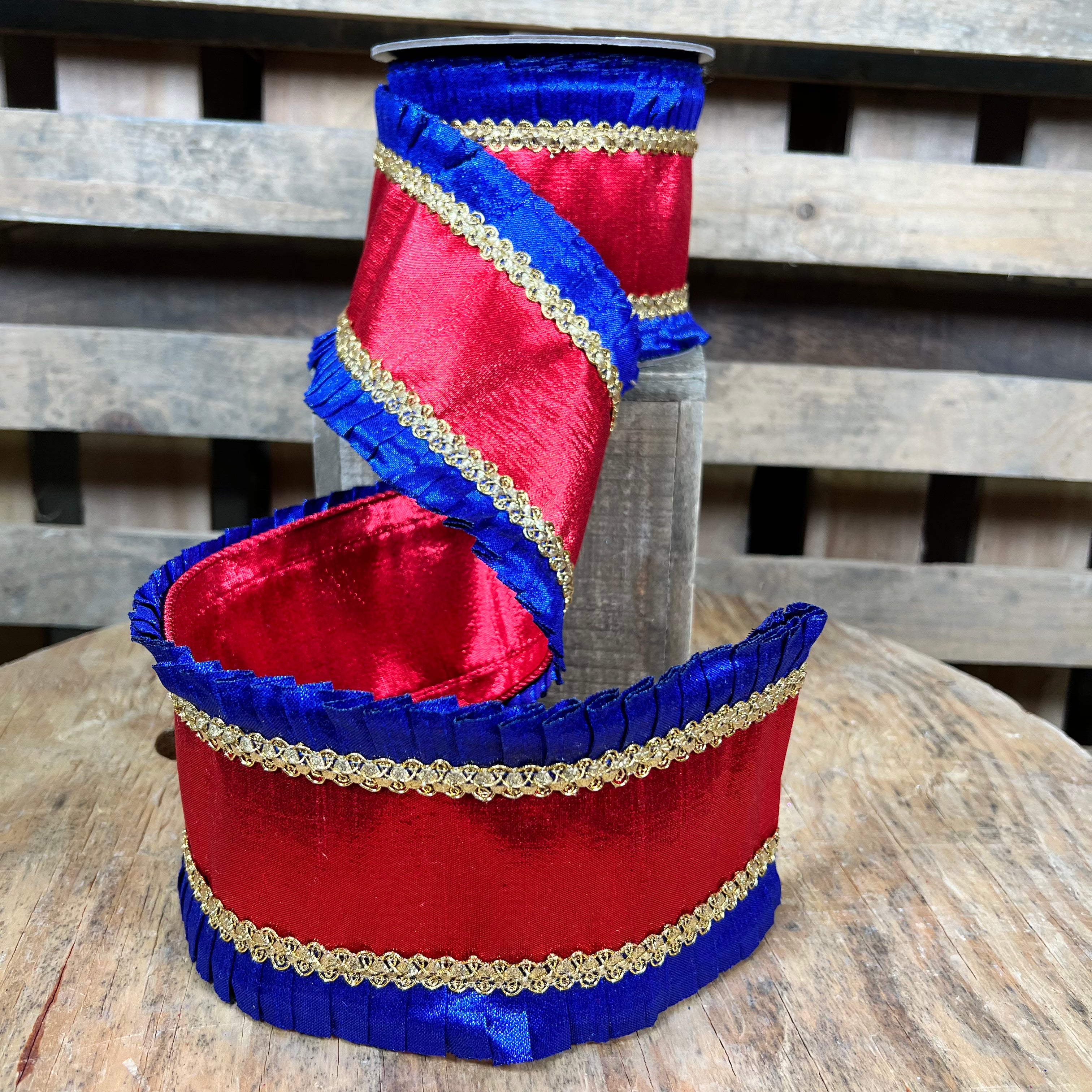 4” x 5yd Blue and Red regal pleated edge deluxe Wired Ribbon - Designe ...