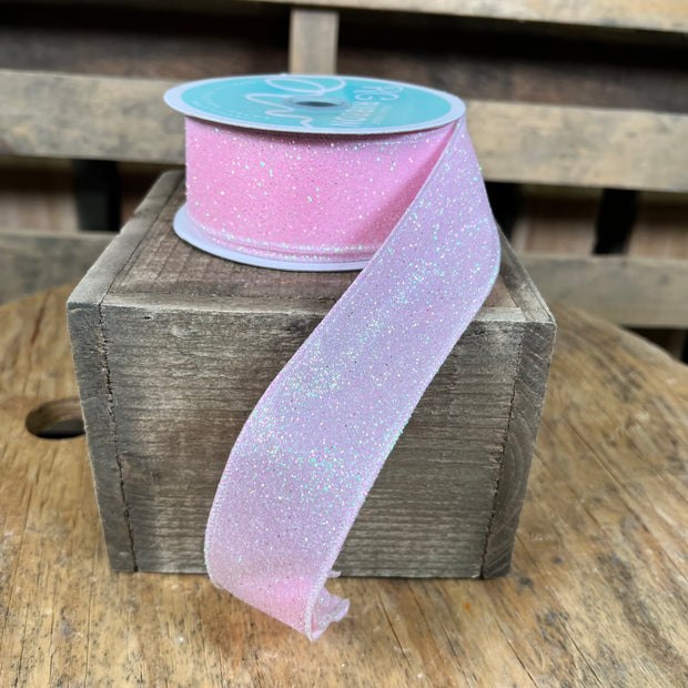 1.5"X10YD IRIDESCENT GLITTER ON SATIN - LIGHT PINK/IRIDESCENT - RGA181615
