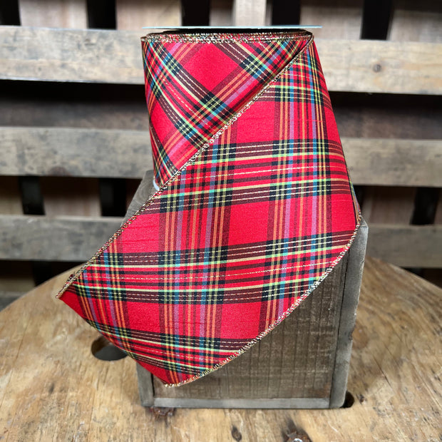 4” x 10yd metallic Christmas plaid  Wired Ribbon - RN5607
