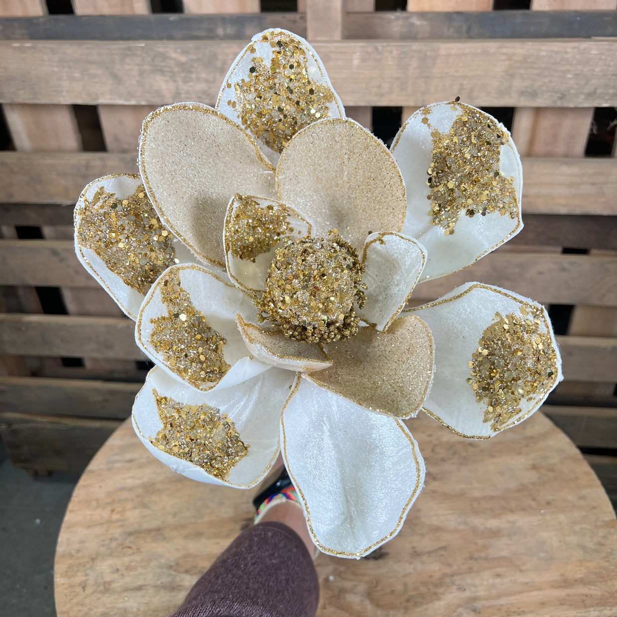 10” Ivory and gold glitter magnolia stem - Nancy Brown Designer Brand - F17459