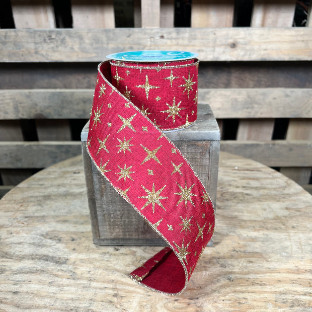 2.5 "X10YD Burgandy gold star Wired Ribbon - RGB112805