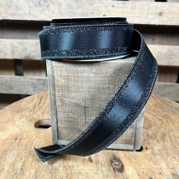 1.5” x 10yd Black glitter boarder stripe  sided designer ribbon - LX311902