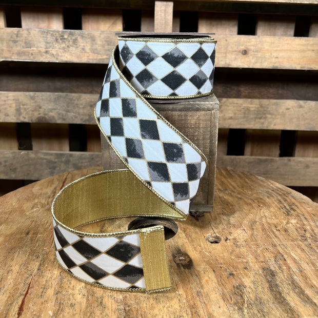 2.5” x 10yd Black and Gold harlequin deluxe Wired Ribbon - Designer ribbon - 94493W03140F