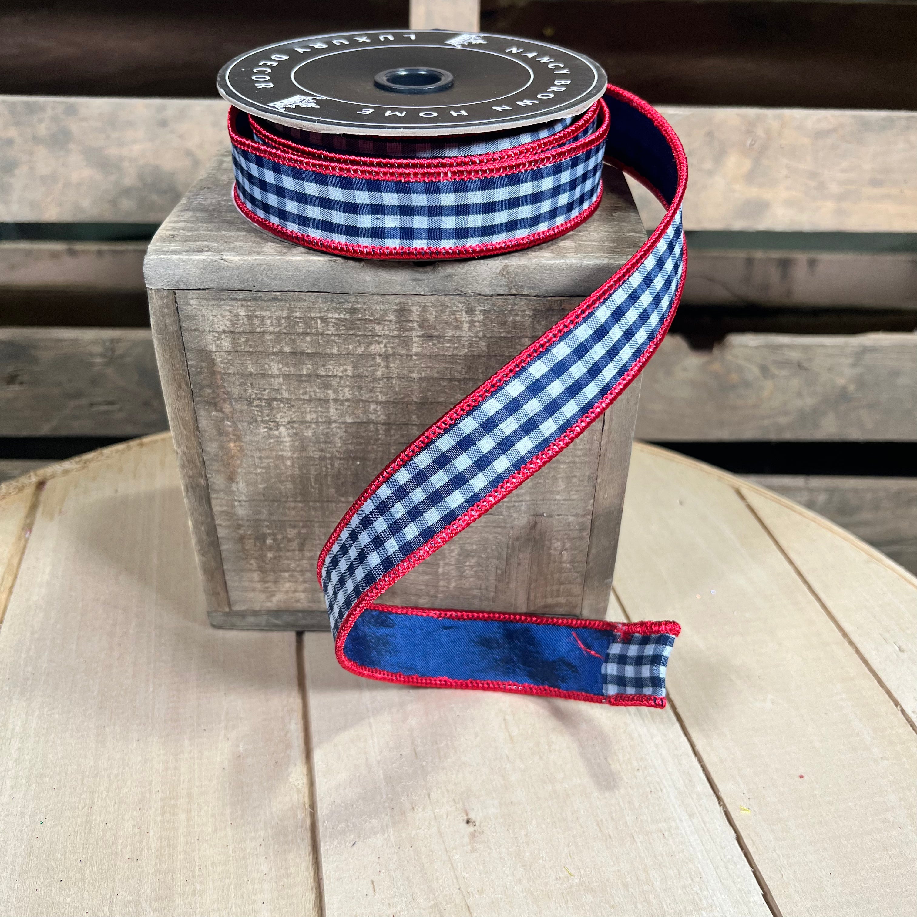 1” by 10y Blue gingham with blue back Wired Ribbon - Nancy Brown Home - 26-1315A