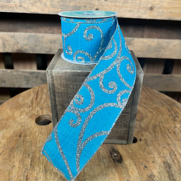 2.5 "X10YD turquoise and silver bold scroll Wired Ribbon - RG0122634