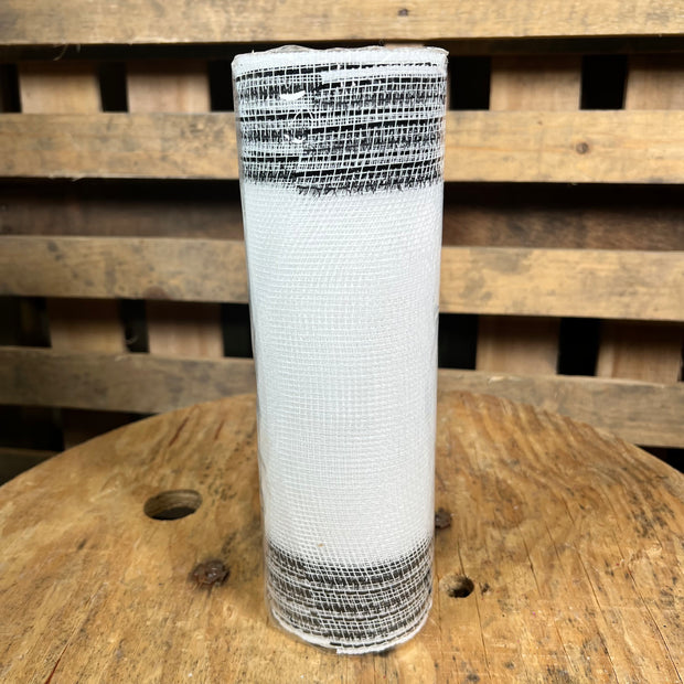 10.25"X10YD white and black tinsel metallic boarder stripe mesh  - RY8505F6