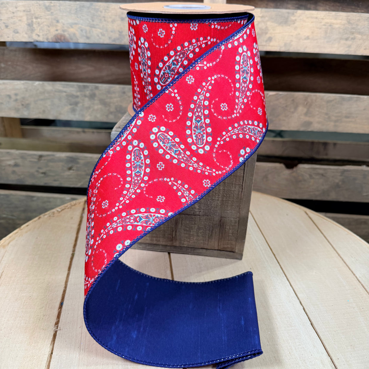 4" X 10YD White Paisley on Red w/ Blue Backing Wired Dupioni Ribbon - 9356W-250-100E