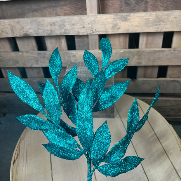 22" Teal Glitter BayLeaf Spray - L152942