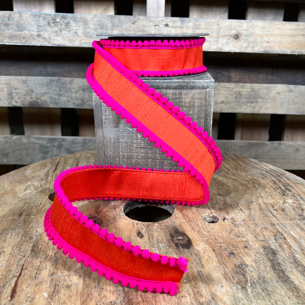 1.5” x 5yd Orange and Hot pink Pom Pom edge deluxe Wired Ribbon - Designer ribbon - 94596W18709D