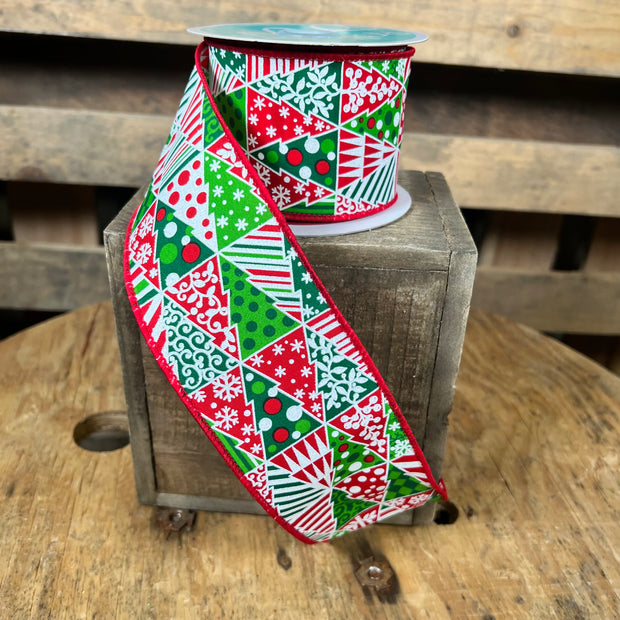 2.5 "X10YD red and green Christmas tree patchwork Wired Ribbon - RGF177267