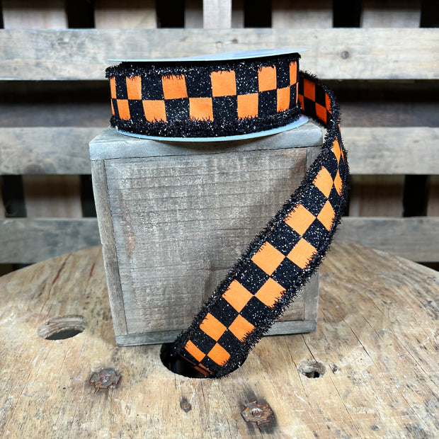 1.5"X10YD orange and black glitter check Wired Ribbon - RG0834720
