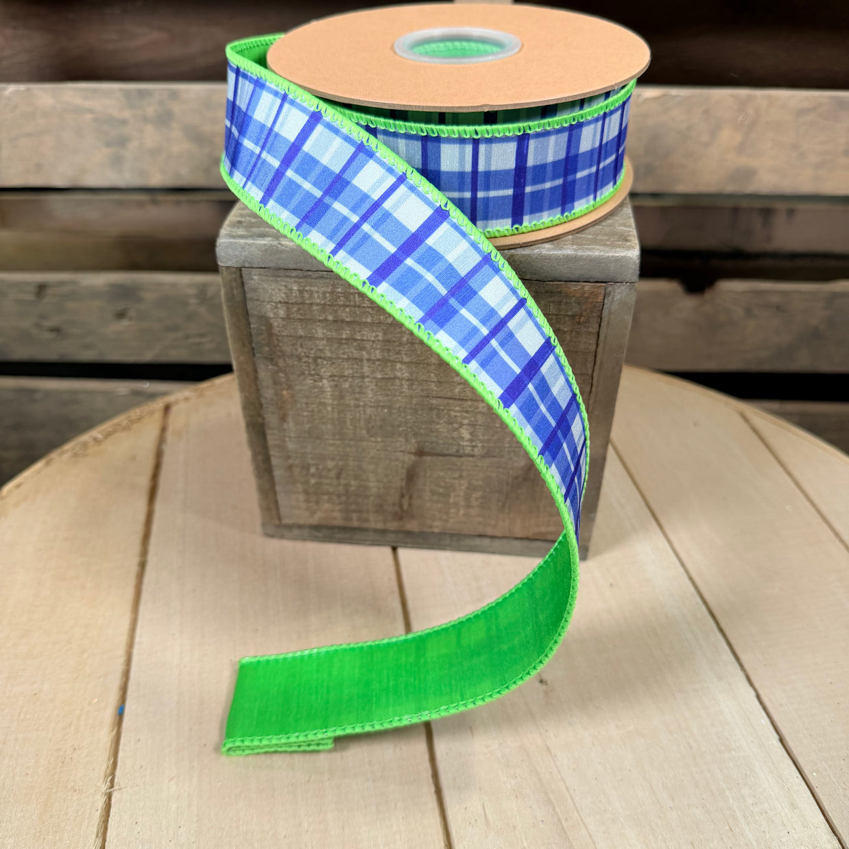 1.5" X 10YD Blue and White Plaid w/ Lime Green Backing Wired Dupioni Ribbon - 9378W-552-38E