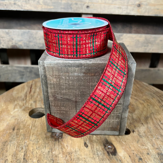 1.5"X10YD Red and green print plaid Wired Ribbon - RGF195624