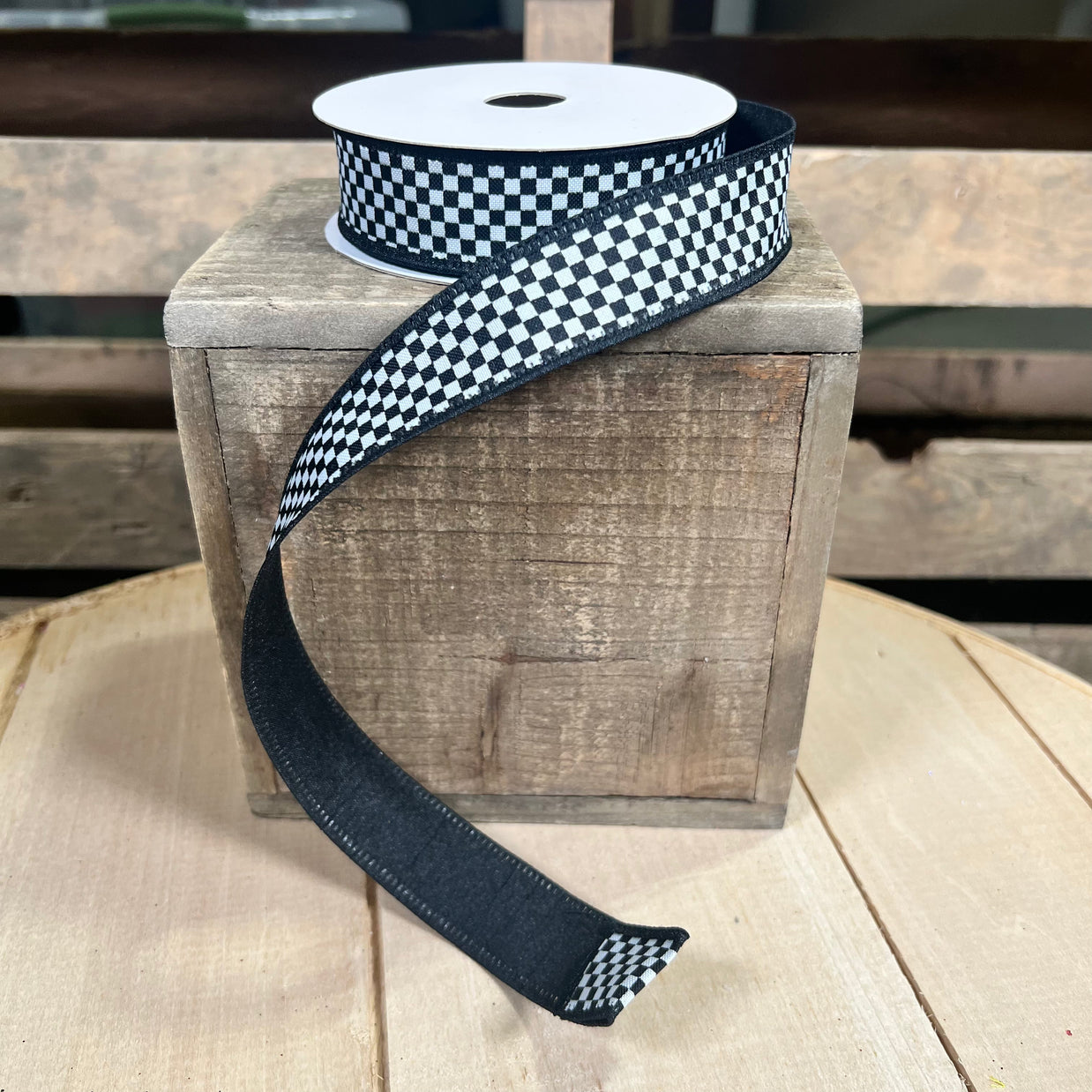 1" x 10Y Black checkered Wired Ribbon - D46632-10-21