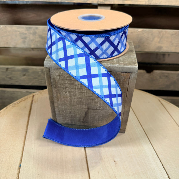 1.5" X 10YD Blue and White Decorative Stripe w/ Blue Backing Wired Dupioni Ribbon -  9368W-018-38E