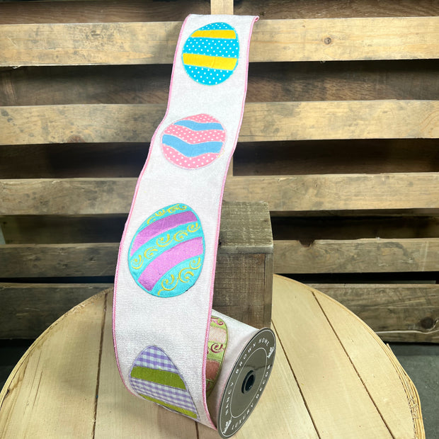 4” by 5y Pink and Lime Green with Eggs Double Sided Wired Ribbon - Nancy Brown Home -26-1188