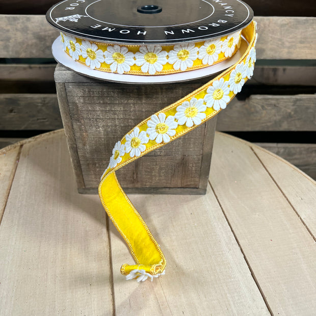 1” by 10y Yellow Embroidered Daisy Wired Ribbon - Nancy Brown Home - 26-B142A