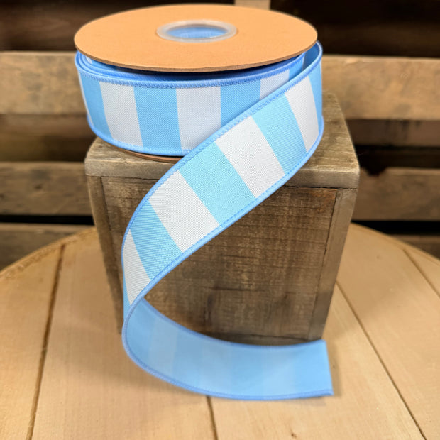 1.5" X 10YD Blue and White Stripe w/ Blue Backing Wired Dupioni Ribbon - 9335W-311-38E