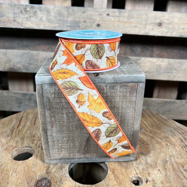 1.5"X10YD fall leaves and acorns  Wired Ribbon - RGF1338AE