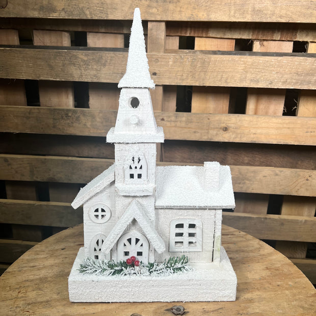 16 in white wood Christmas church - 84423WT