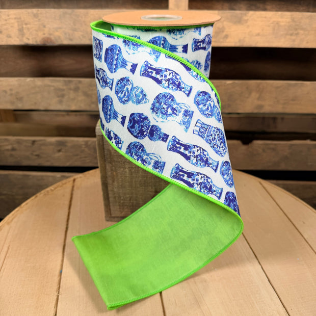 4" X 10YD Blue and White China Pots w/ Lime Green Backing Wired Dupioni Ribbon - 9373W-018-100E