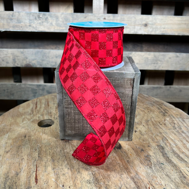 2.5 ” x 10yd  red glitter check Wired Ribbon -  RGH106024