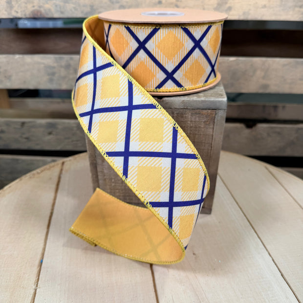 2.5" X 10YD Blue/White/Yellow Bias Plaid w/ Yellow Backing Wired Dupioni Ribbon - 9367W-016-63E