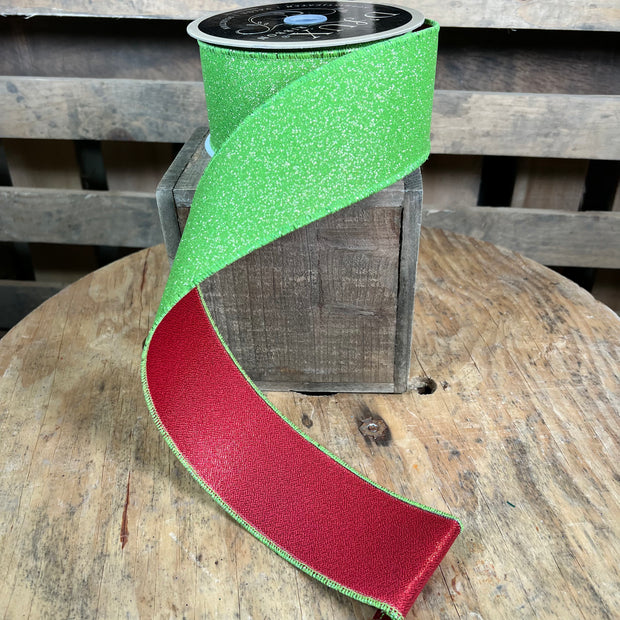2.5” x 10yd lime green glitter with red backing d’lux ribbon - LX3012J7