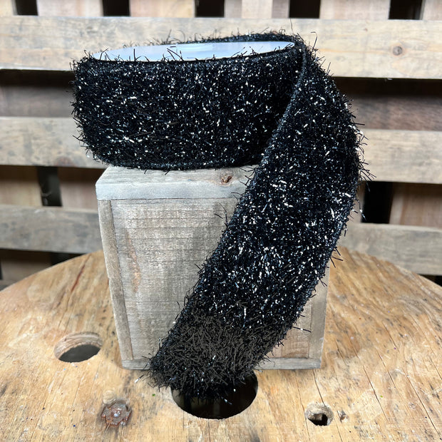 2.5"X10YD black tinsel fuzzy Wired Ribbon - RN589202
