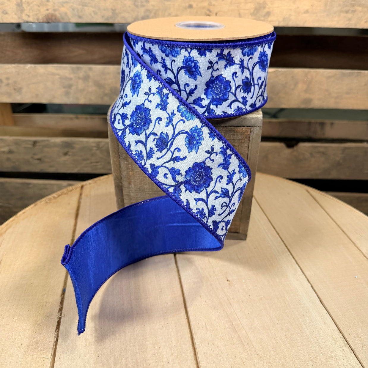 2.5" X 10YD Blue and China Floral w/ Blue Backing Backing Wired Dupioni Ribbon - 9375W-018-63E