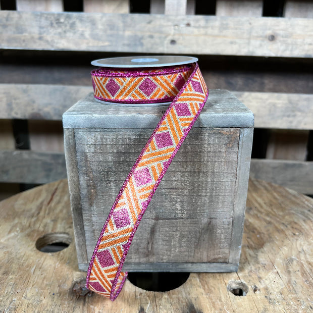 7/8"X10YD pink and orange woven stripe Wired Ribbon - LS312107