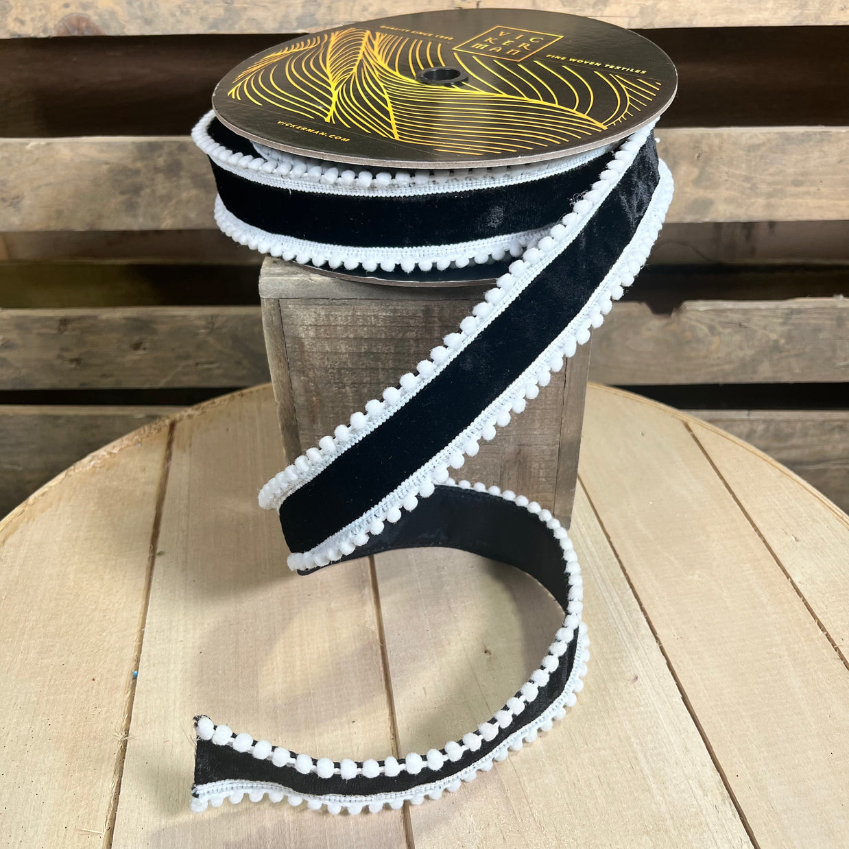 1.5” x 10y black and white pom Pom edge velvet designer ribbon - QK254517