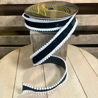 1.5” x 10y black and white pom Pom edge velvet designer ribbon - QK254517