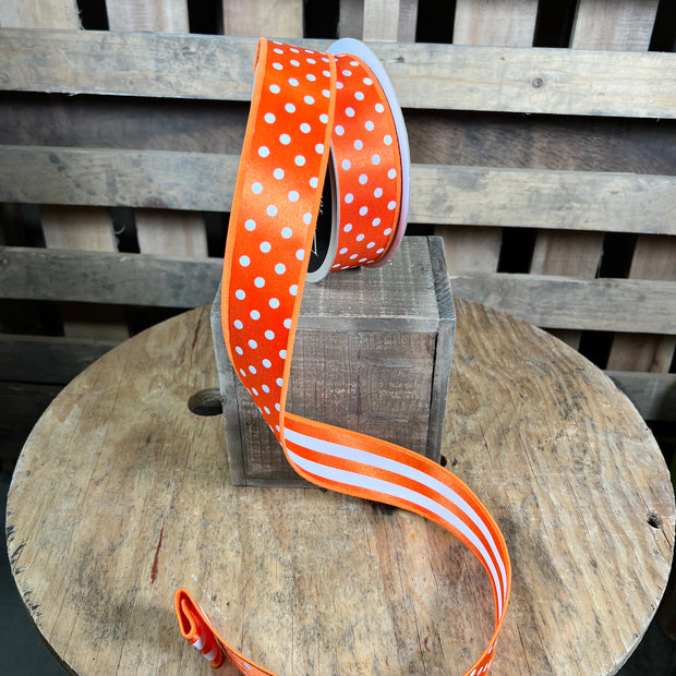 1.5” x 10yd orange and white stripe and dot double sided designer ribbon - LX305520