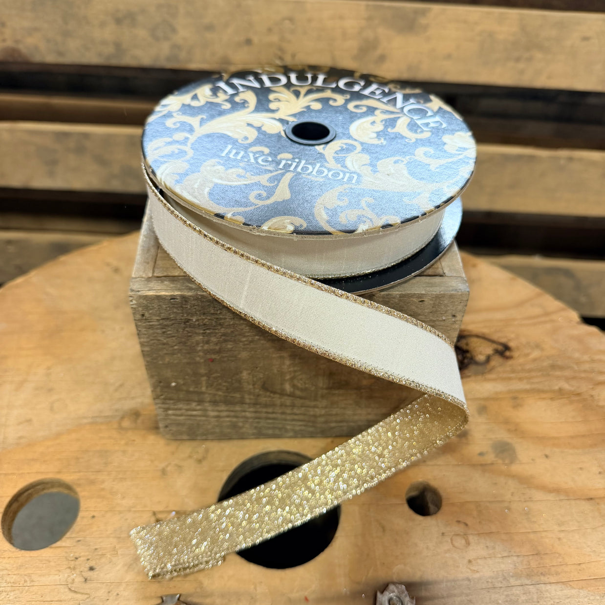 1"X10YD Ivory and Gold double sided glitter backed designer wired ribbon -   D62602-10-14