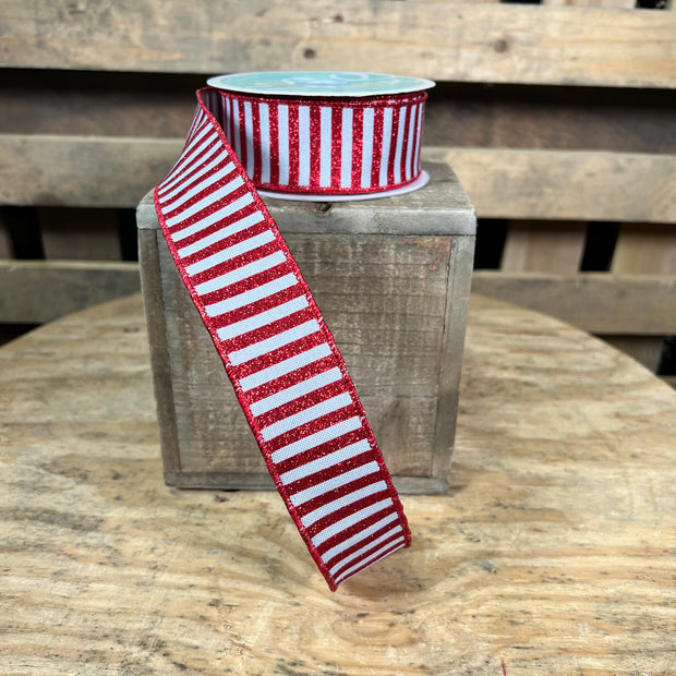 1.5”x 10yd red and white glitter stripe  Wired Ribbon - RG0168810