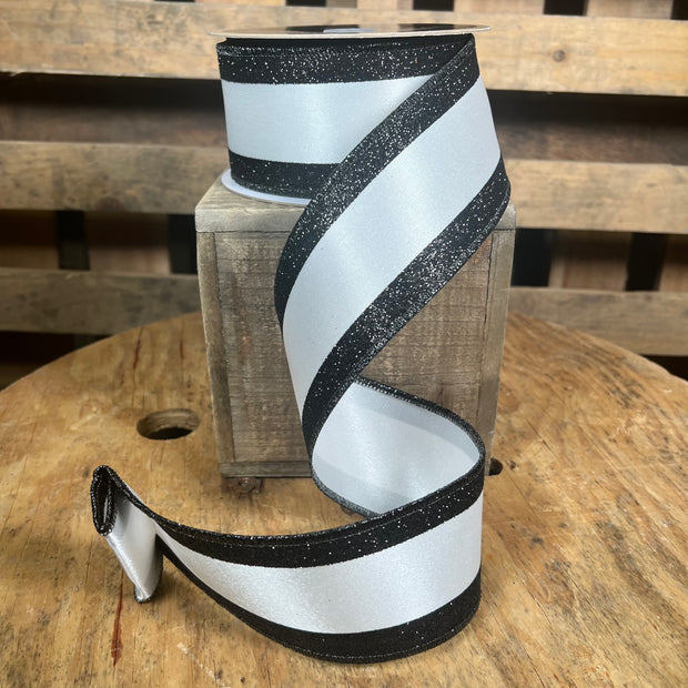 2.5” x 10yd Black and white glitter edge d’lux ribbon - LX3120WK