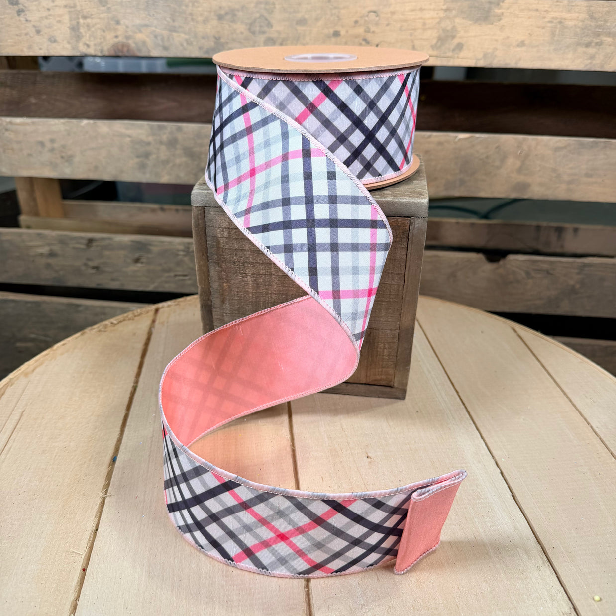 2.5" X 10YD Bias Cut Pink and Black Plaid w/ Pink Backing Wired Dupioni Ribbon -  9343W-038-63E